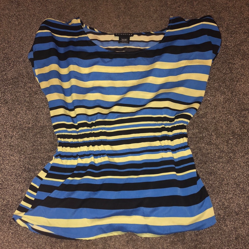 Black, neon green, and blue striped blouse